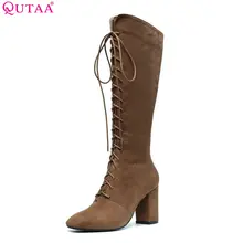 QUTAA/ Для женщин сапоги до колена; обувь Kid Suede; универсальные зимняя обувь универсальные острый носок женские мотоциклетные ботинки на шнуровке Size34-43