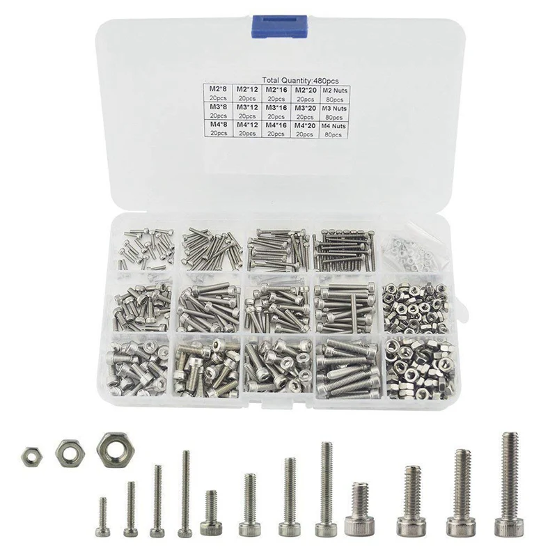 

480pcs New Hex Socket Screws M2 M3 M4 Stainless Steel Head Cap Screw Nut Set With Box