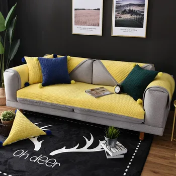 

Thick Short Plush Sofa Cover Yellow Modern Slipcovers for Sectional Sofa Four Seasons Usage L-shaped Sofa Towel 1PCS