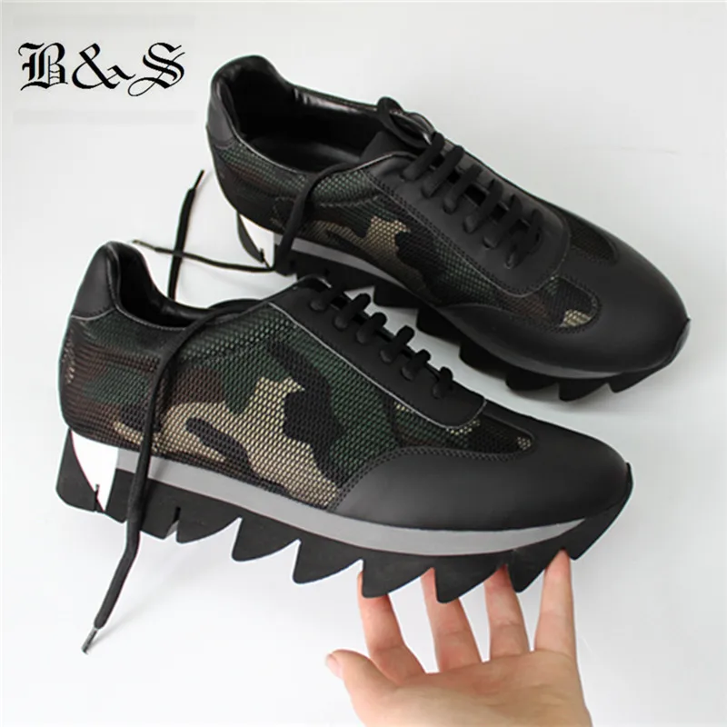 

Black& Street Camouflage platform mesh breathable genuine leather casual shoes trainer walking causal sneaker
