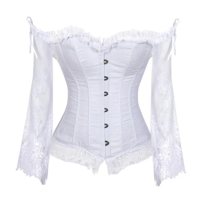 Womens Steampunk Corset with Off Shoulder Victorian Lace Long Sleeves Bustier Top