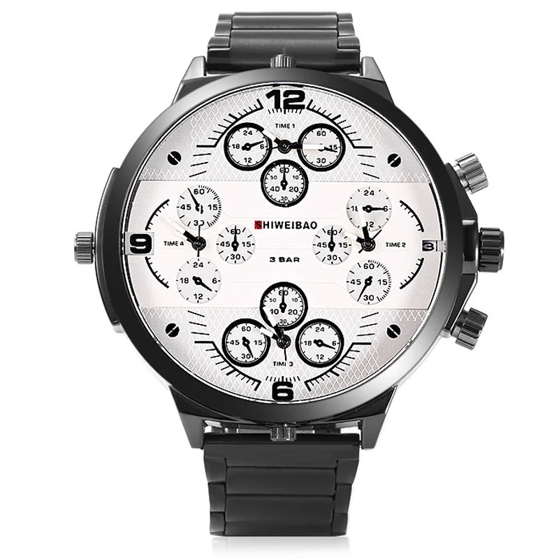 cool big case quartz watch for men four time zones steel bracelt wristwatches (3)