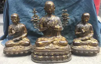 

18" Tibet Tsongkapa Guru Monk Lama With Tow Escort Set Bronze Statue