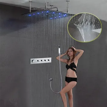 

Thermostatic shower set Hydro power Led rainfall waterfall misty shower head set with high flow faucet bathroom shower set