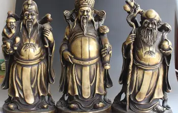 

14" Chinese Feng Shui Pure Bronze Stand Longevity God Fu Lu Shou Life Statue Set 02017
