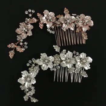 

SLBRIDAL Wired Rose Gold Flower Rhinestone Pearls Wedding Hair Comb Bridal Headpieces Crystal Hair Accessories Bridesmaids Women