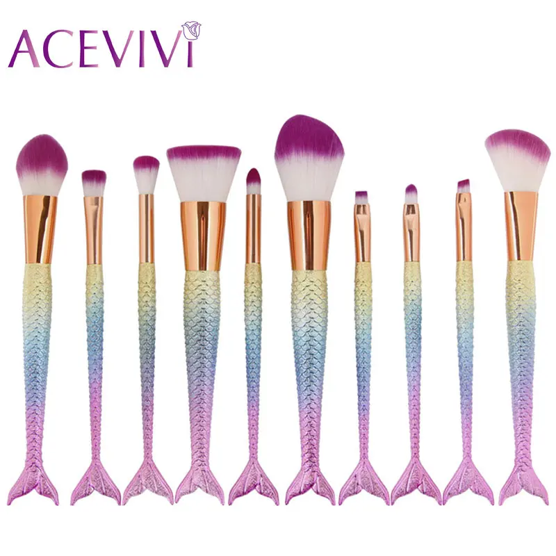 

ACEVIVI Professional 10pcs Mermaid Brushes Set Cosmetic Foundation Eyeshadow Lip Brushes High Quality Makeup Brush Tool