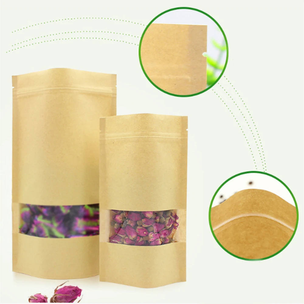 

60pcs/set Brown Stand Up Kraft Paper Bag Reusable Zip Lock Sealing With Transparent Window Nuts Biscuits Packaging Bag