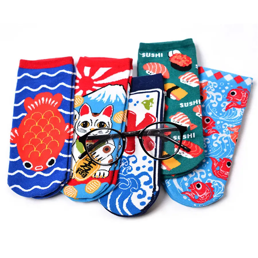 Женские носки с героями мультфильмов; забавные носки с креативным принтом кота, рыбы, суши; Calcetines; японская мода; Harajuku; милые носки Meia