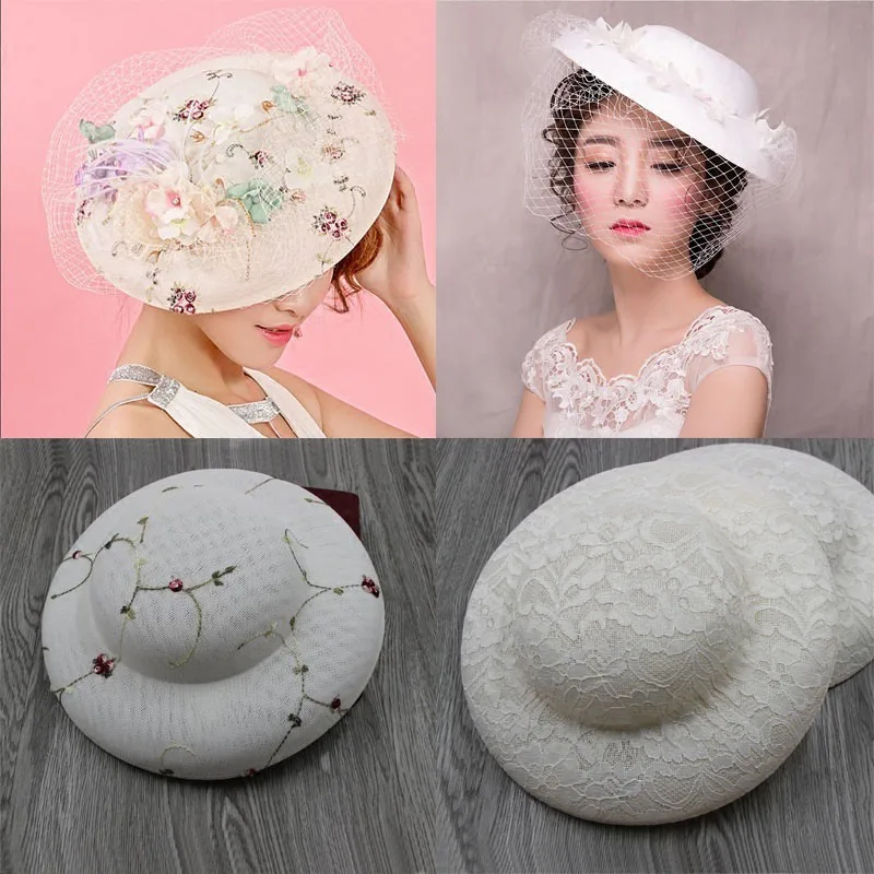 

Wholesale Handmade Big Round Sinamay Hat Base 30CM DIY Wedding Hat Headwear White Black Lace Cocktail Fedora Hat DIY Accessories