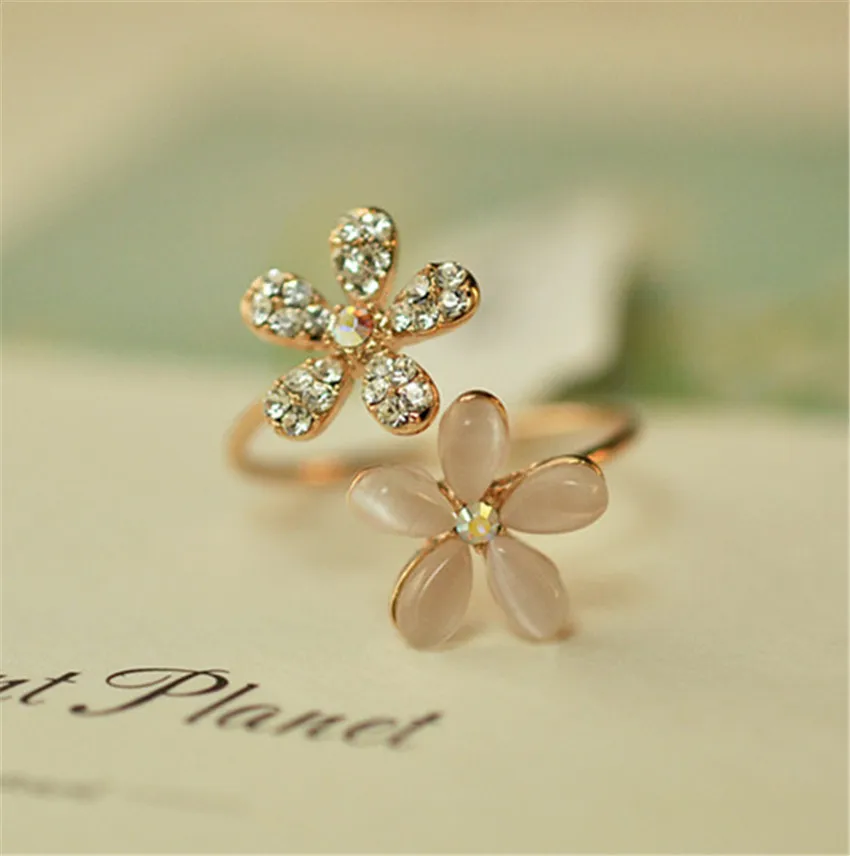 RONGQING Tiny Crystal Studded Flower Rings Little Opal Flower