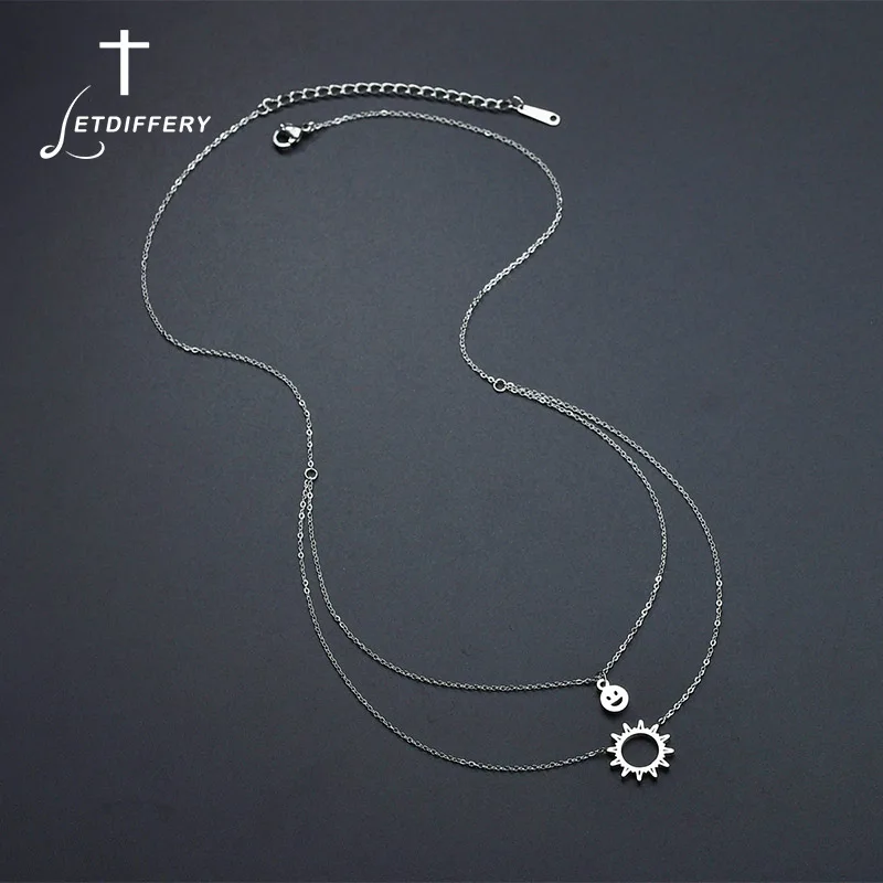 

Letdiffery Simple 316L Steel Hollow Evil Sun Pendant Necklace For Women Smiley Face Double Layers Necklace Best Gift Collier