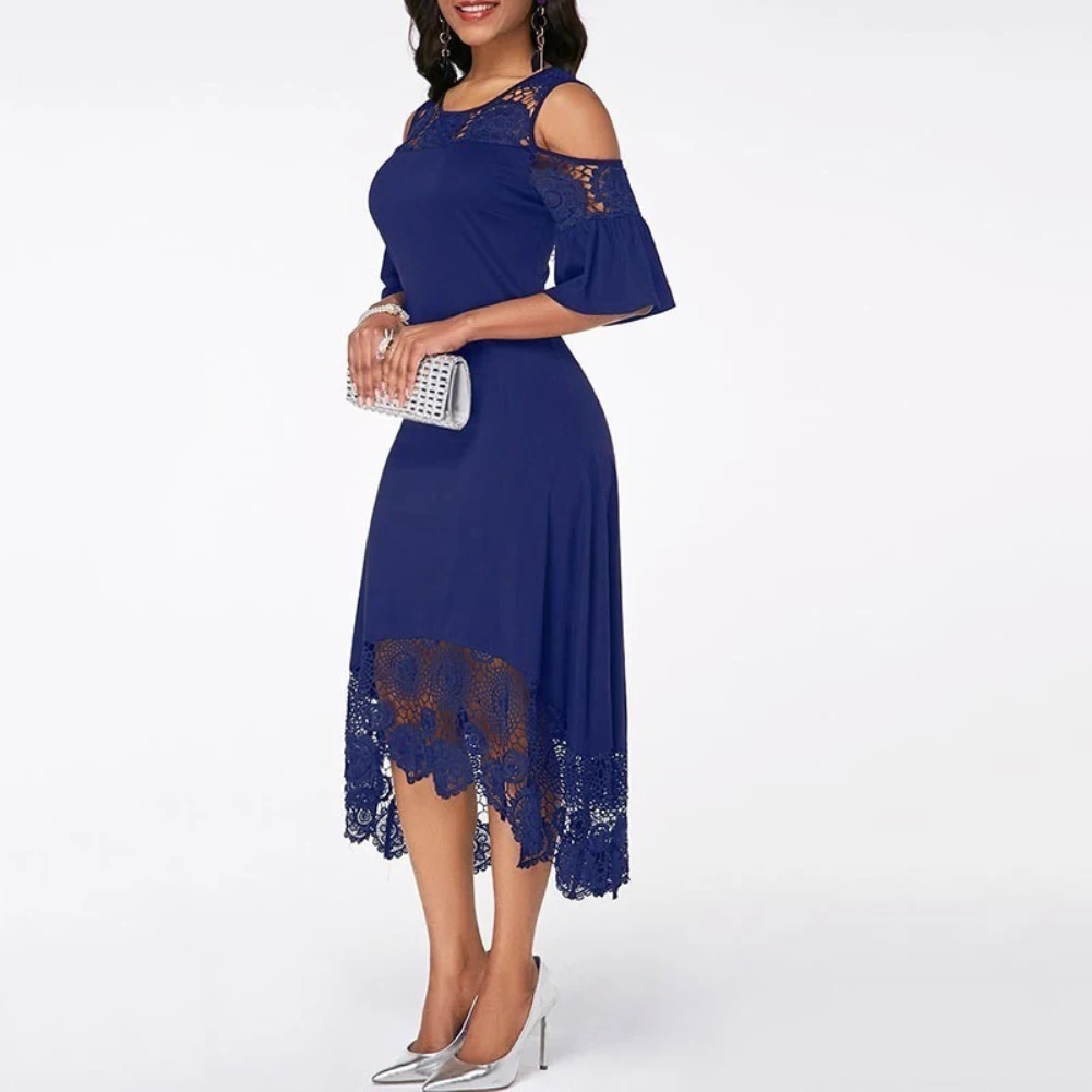 New Fashion Summer Vintage Lady Plus Size Solid Lace Cold Shoulder Short Sleeve Irregular Evening Party Dress Vestidos For Women