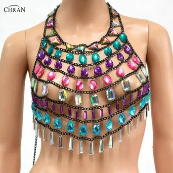 

Chran Crystal Gem Bead Crop Top Chainmail Bra Halter Statement Necklace Burning Man Body Lingerie Festival Outfit Jewelry CRS483
