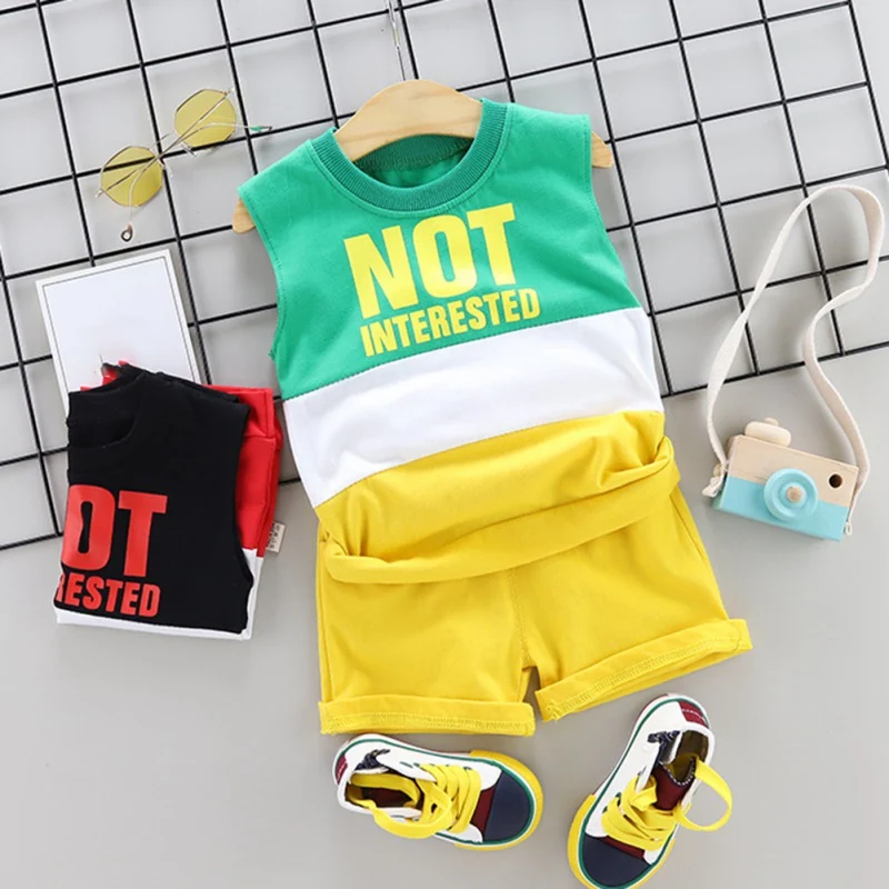 

Summer Baby Boys set Sleeveless Cartoon Letter Print Tops Blouse Vest+Shorts Children Casual Outfits Sets