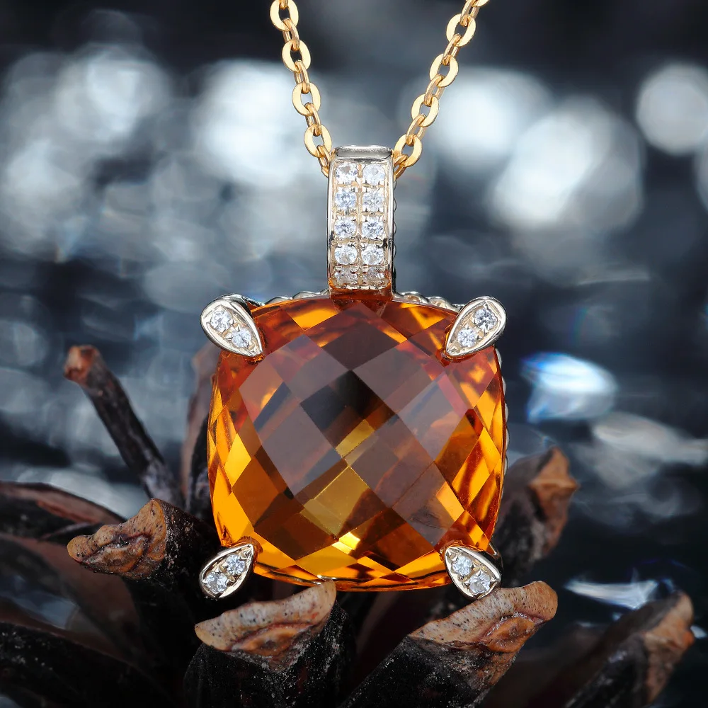 

Fine Jewelry 18K Yellow Gold Cushion Citrine Pendant Necklace for Women Party Diamond Jewelry