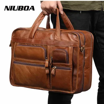 

NIUBOA Men Briefcases Genuine Leather Handbag Vintage Laptop Briefcase Messenger Shoulder Bags Men's Multi Pockets Leather Bags