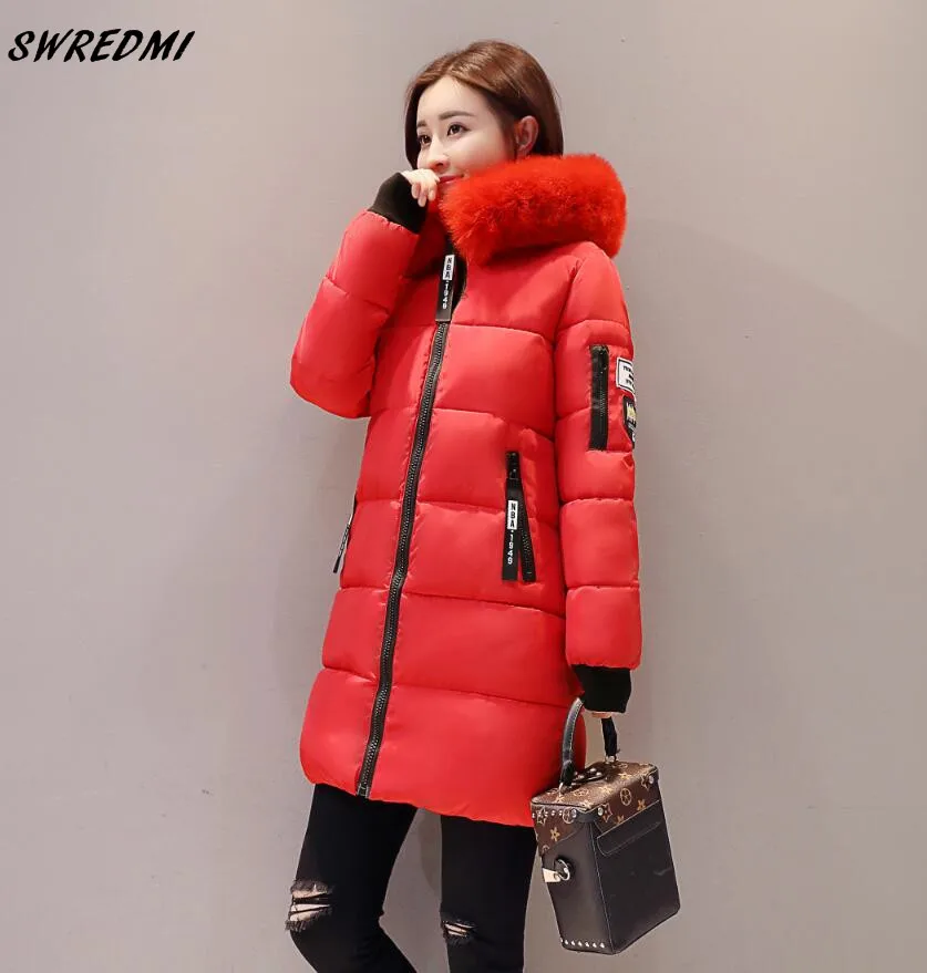 SWREDMI зимние пальто для женщин с большим меховым воротником с буквенным принтом, тонкая плотная теплая одежда, верхняя одежда размера плюс, хлопковые парки средней длины - Цвет: Красный