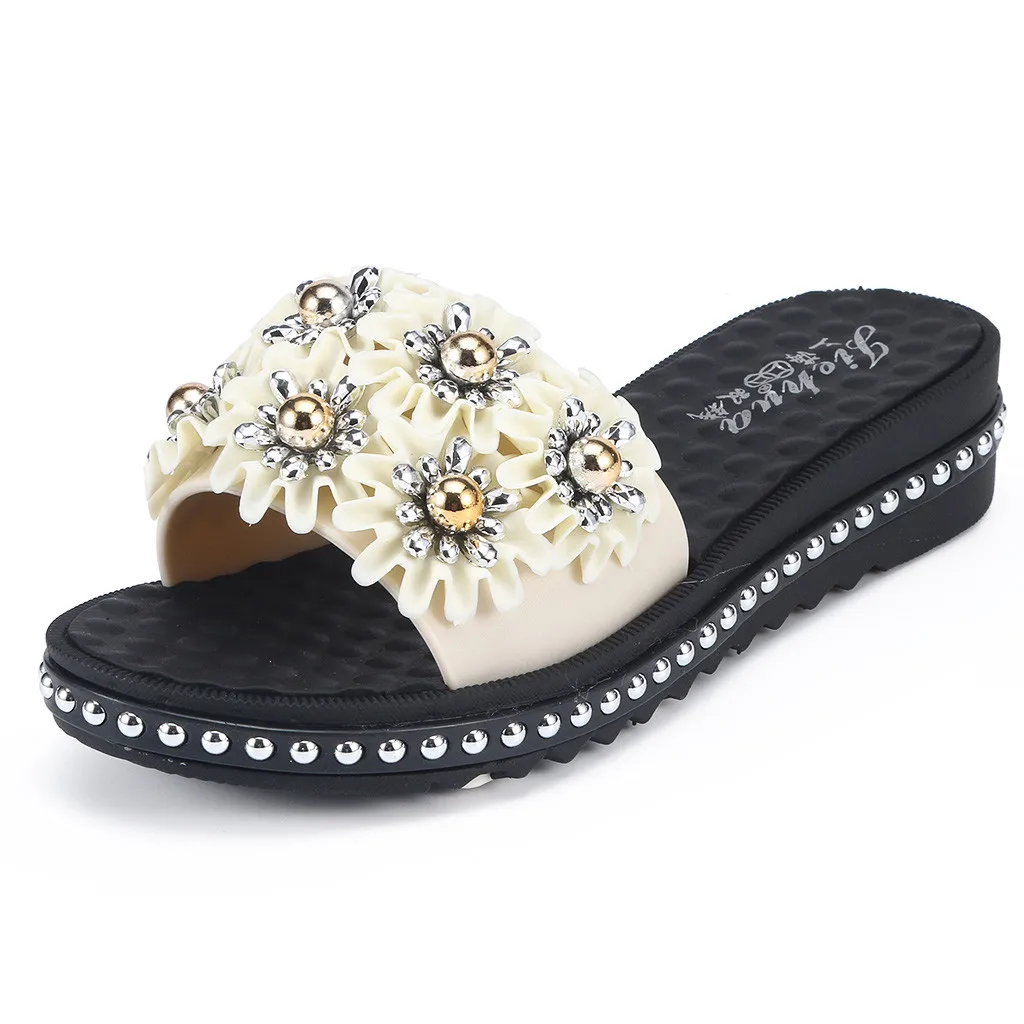 

SAGACE Summer fashion flat women slippers slip wear denim women shoes rhinestones flowers breathable comfort beach shoes 2019