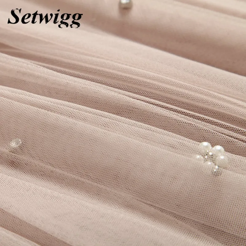 Setwigg, весна, милая, жемчужная, расшитая бисером сетчатая многослойная длинная юбка, эластичная резинка на талии, пышная, с бусинами, трапециевидная, до щиколотки, длинная, фатиновая, газовая юбка