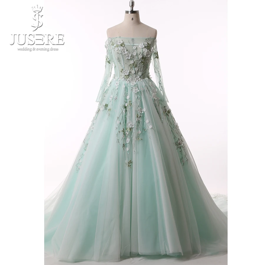 Fresh Look Off Shoulder Long Sleeves Transparent Illusion See Through Flower Embroidery Lace Back Light Green