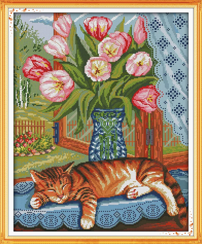 

Cat on the windowsill DMC Animal cross stitch kits 14ct white 11ct printed embroidery DIY handmade needle work wall home decor