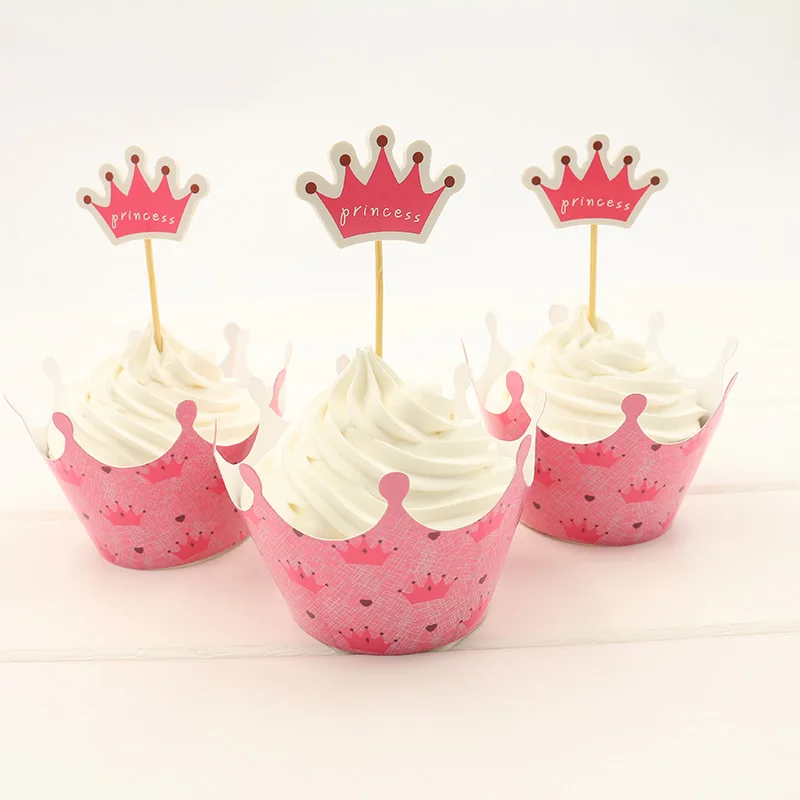 24pc/set pink Crown Princess Paper Cupcake Wrappers and Toppers for