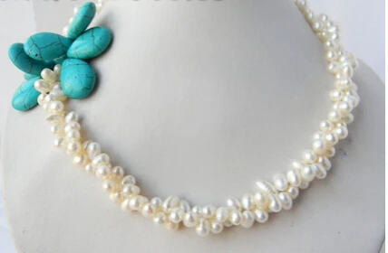

ddh002338 2Strands 18'' White Baroque Freshwater Pearl Teardrop Turquoise Necklace