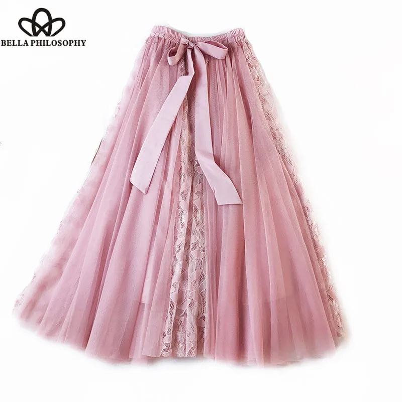 Wonder Spring Elastic Long Maxi Skirt Sweet Lace Female A-Line Skirts Vintage Lace-Up Lady Loose Skirt Bottoms 2019 new Fashion