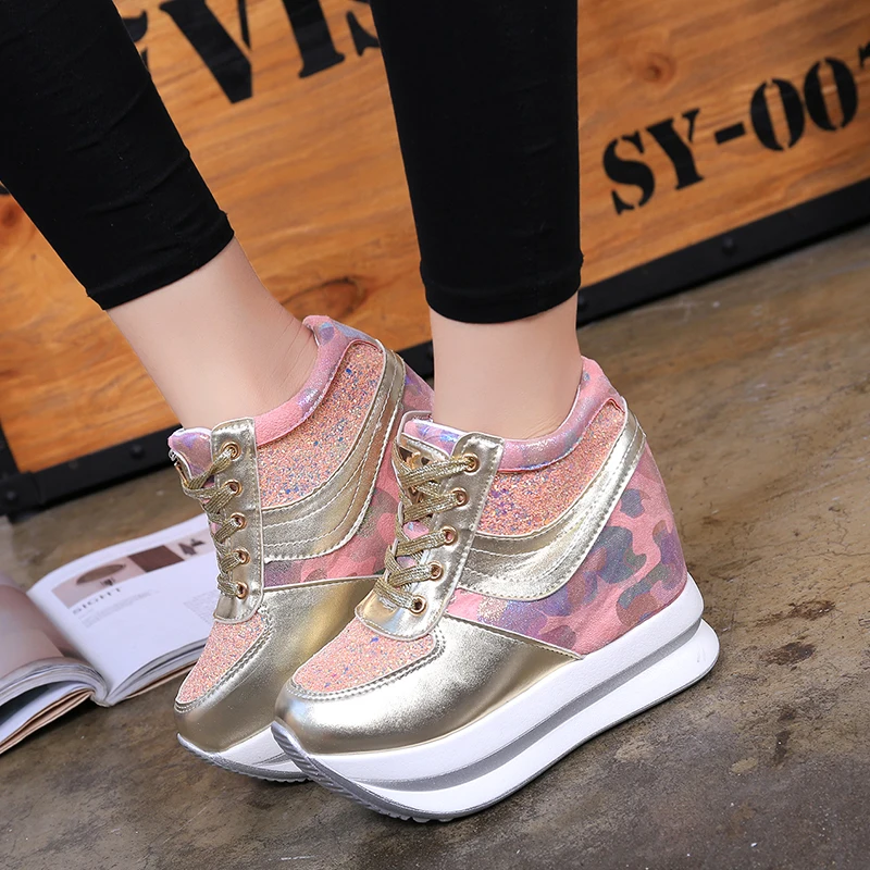 

women casual shoes platform wedge height Increasing high heel pink white 12cm zapatos mujer tenis feminino high top sneakers