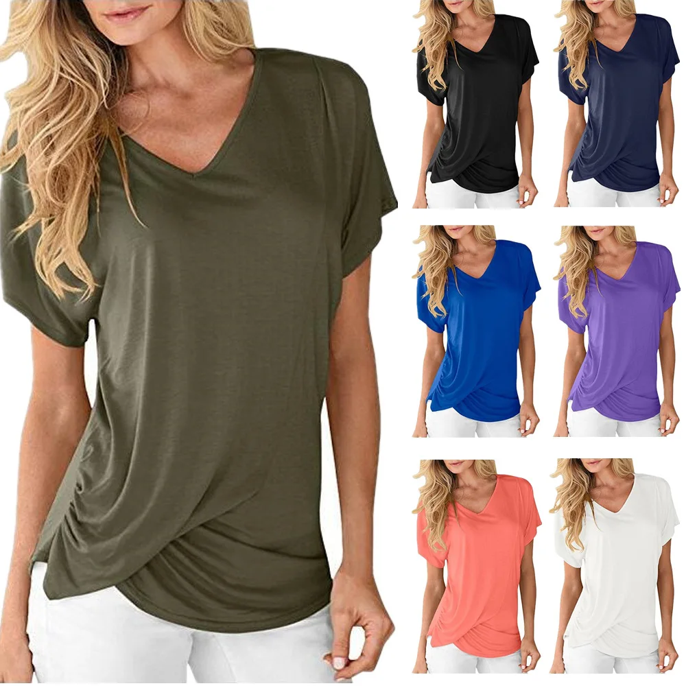 

Hot Sale Solid Color V-Neck Loose Pleated T-Shirt for Women Casual Solid Color T-Shirt Black White Blue Short Sleeve