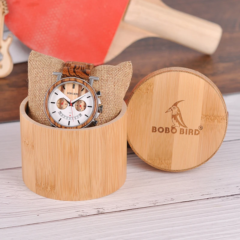 BOBO BIRD Men Wooden Watch Wood Quartz Saat erkek Wristwatches Male Stopwatch Japanese movement Show Date Gift 2 time zone