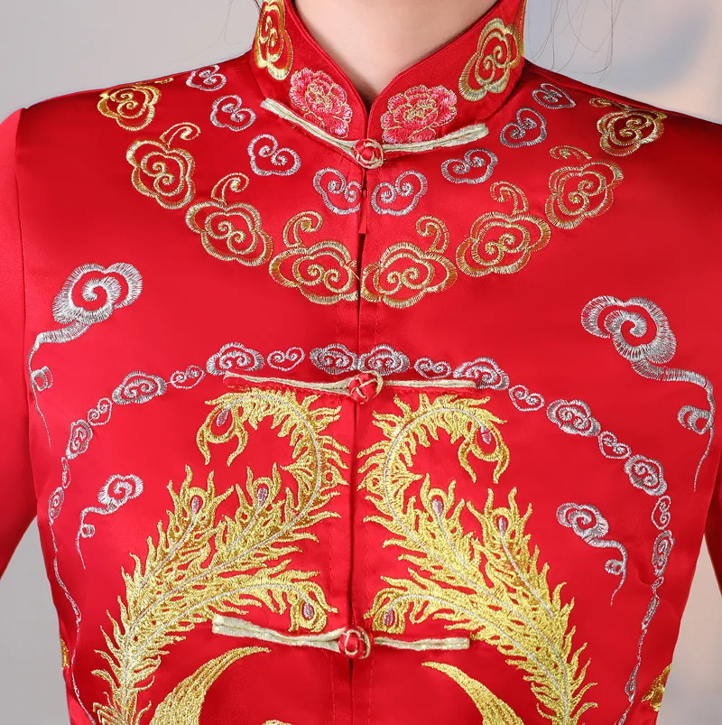 Традиционный китайский стиль для женщин красный Вышивка Феникс Cheongsam костюм полной длины Элегантный Брак комплект Винтаж Qipao костюмы