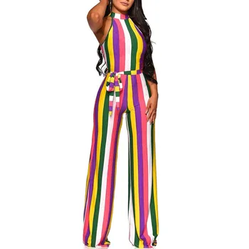 

Striped With Belt Jumpsuit Women Casual Sleeveless Playsuit Halter Wide Leg Overalls