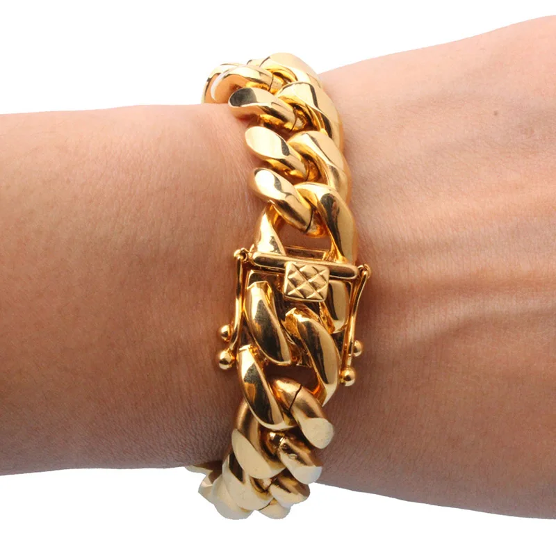 

15*220mm Cuban Miami Chain Bracelet Stainless Steel Gold Chains Bracelets for Men Boys Hip Hop Rock Jewelry