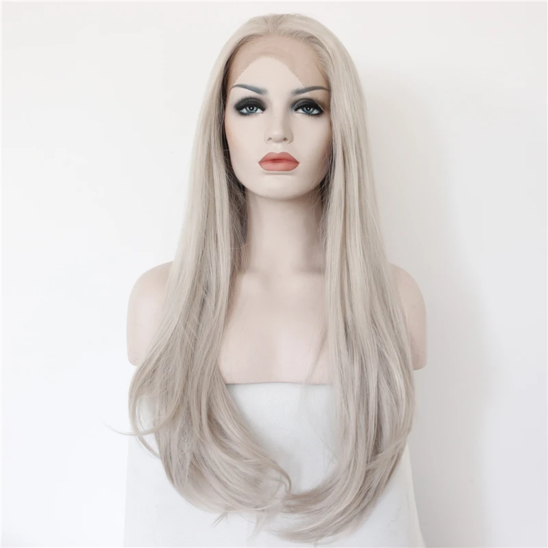 Sylvia серебро Серый цвет естественная волна Синтетический Синтетические волосы на кружеве Искусственные парики термостойкие Волокно