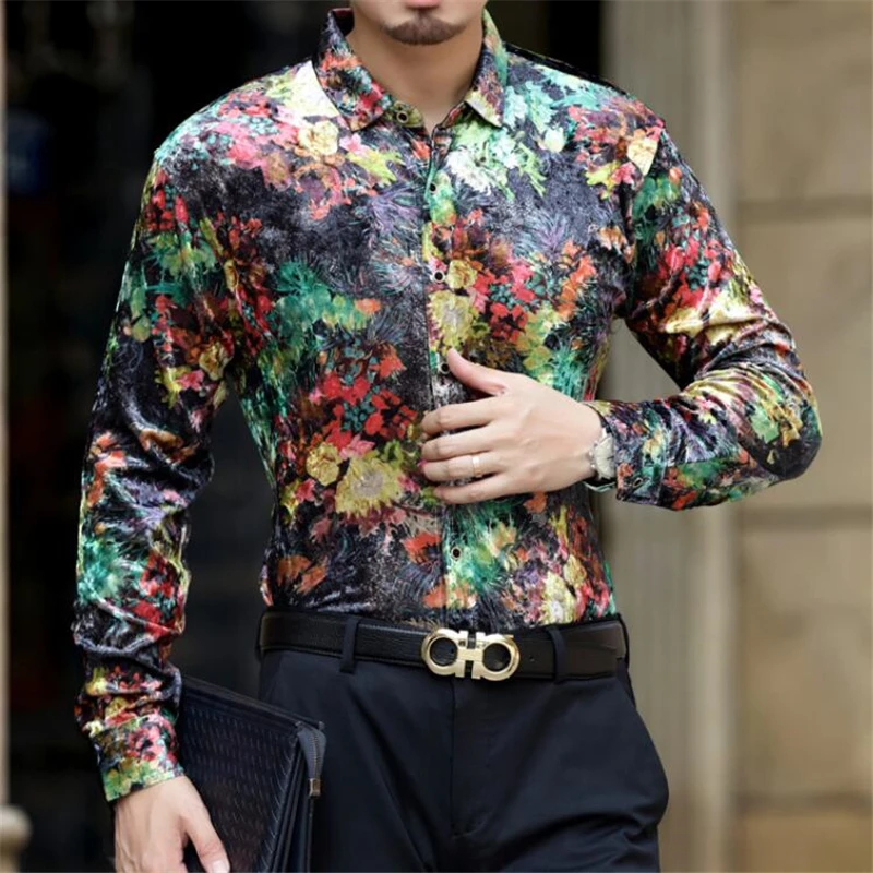 

Personality creative 3d print business casual long sleeve shirt New2019 top quality gold velvet soft comfortable men shirt M-3XL