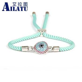

Ailatu Wholesale 10pcs/lot New Arrival Pink Cz Eye Fatima Hand Hamsa Lace Up Bracelet Nice Gift