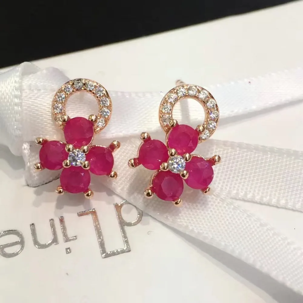 2017 серьги Qi Xuan_Free Mail красный камень элегантный цветок earrings_розовое Золото Цвет