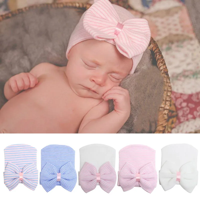 Lovely Baby Girls Infant Striped Cap Hospital Newborn Soft Bow Beanie