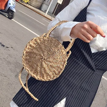 

Women Woven Circular Straw Handbag Summer Handmade Retro Rattan Shoulder Beach Bag Girls Round Messenger Bags bolsa feminina