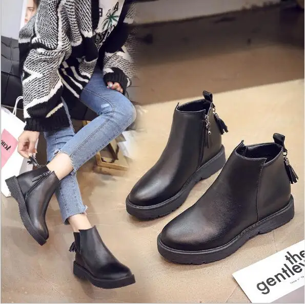Boots female 2018 winter new boots children plus velvet low heel side zipper women's leather boots