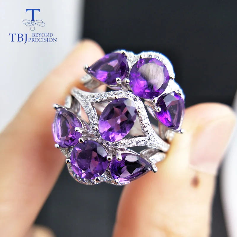 

TBJ,Natural 5ct Africa amethyst big gemstone ring 925 sterling silver jewelry luxury ring for women anniversary wedding party