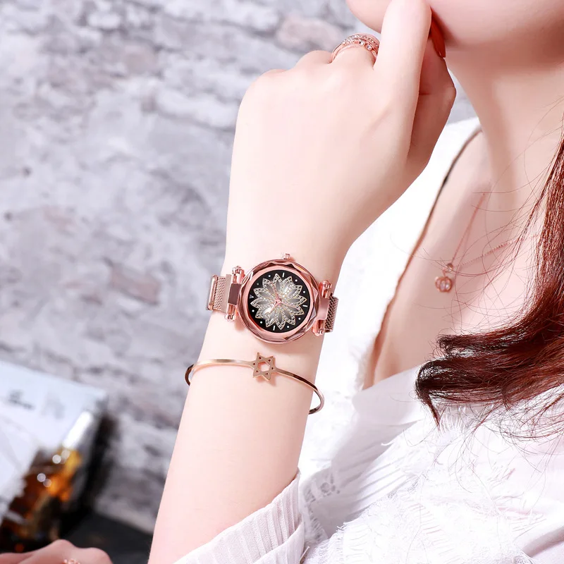 

2019 New Fashion Brand Rosy Gold Women Mesh Magnet Buckle Starry Sky Watch Women Flower Quartz Watches Relogio Feminino Hot Sale