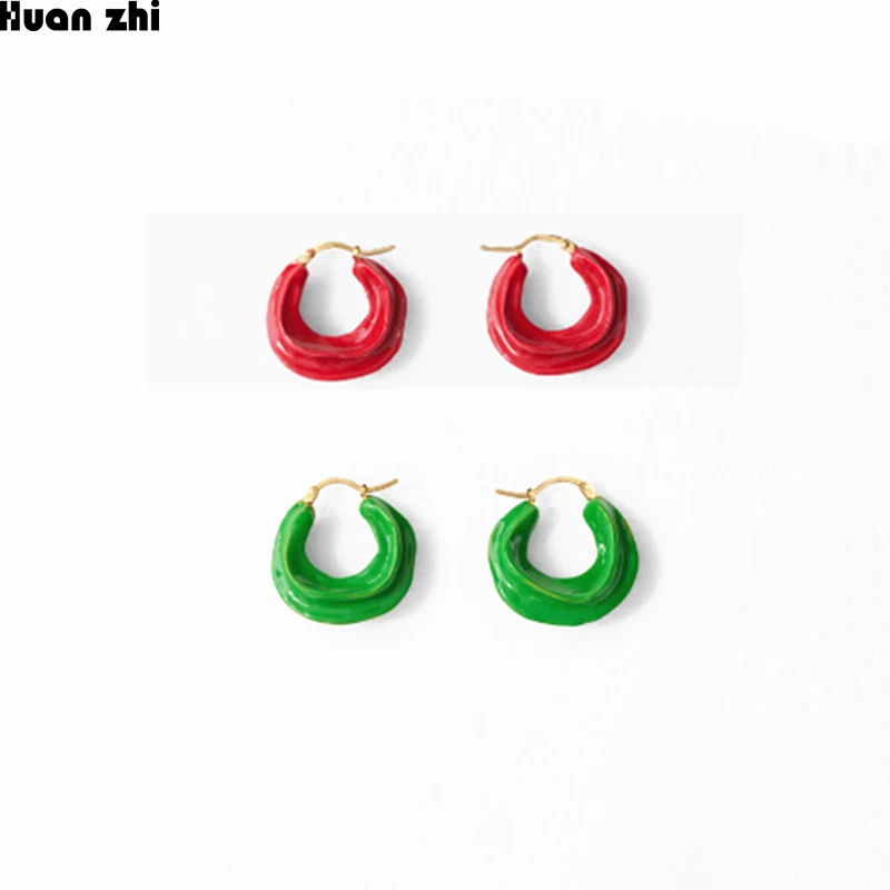

HUANZHI 2019 New Small Swirl Gold Brass Metal Green Red Enamel Geometric Circle Earrings for Women Girl Party Christmas Gift