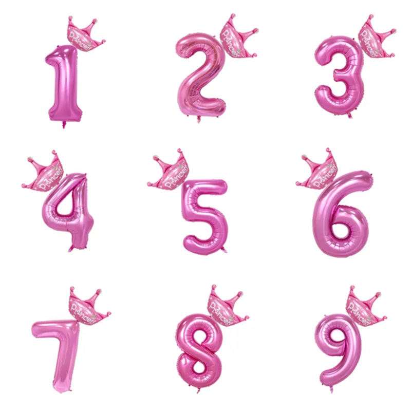 

32 Inch Pink Figure Crown Foil Balloons Set Baby Boys Girls 1 2 3 4 5 6 7 8 9 Years Old Birthday Party Balloon Decoration Favor