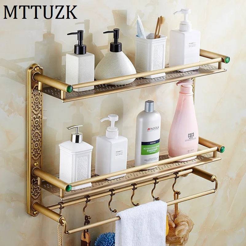 MTTUZK DIY полки для ванной комнаты античная латунь двойная полка с крючками корзина