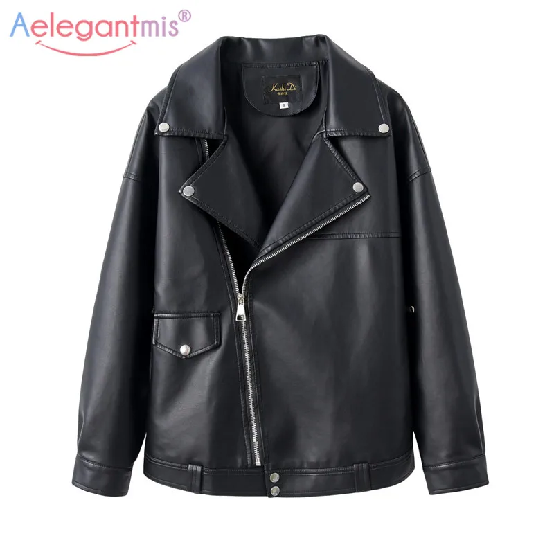 

Aelegantmis Brand Faux Leather Jacket Women Loose Motorcycle Jacket Coat Winter Autumn Black PU Outerwear Fashion Streetwear