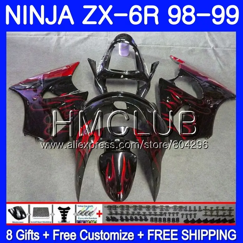 

Body For KAWASAKI NINJA ZX-636 ZX600 ZX-6R 98 99 97HM.6 600CC ZX636 ZX6R 98 99 ZX 636 6 R ZX 6R Red flames 1998 1999 Fairing