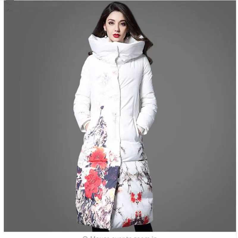 Женская зимняя куртка с цветочным принтом, длинная приталенная Женская парка, белый теплый пуховик с высоким воротником - Цвет: 1